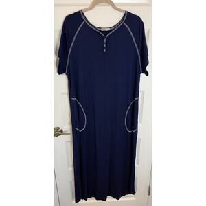 Ekouaer Women’s Navy Full-Length Lounge Dress with Pockets – Size Large